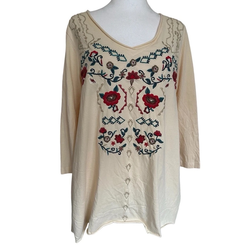 Caite Women's Tunic Top Floral Embroidered Ivory Red Size M Cotton Boho Fairy